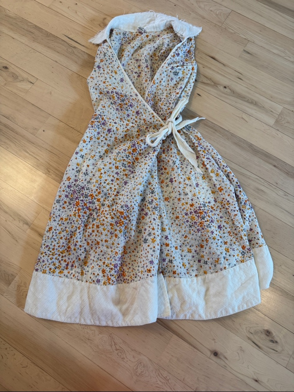 Free People Linen Floral Wrap Boho Sleeveless Collared Dress sz 0-Pockets-Dainty